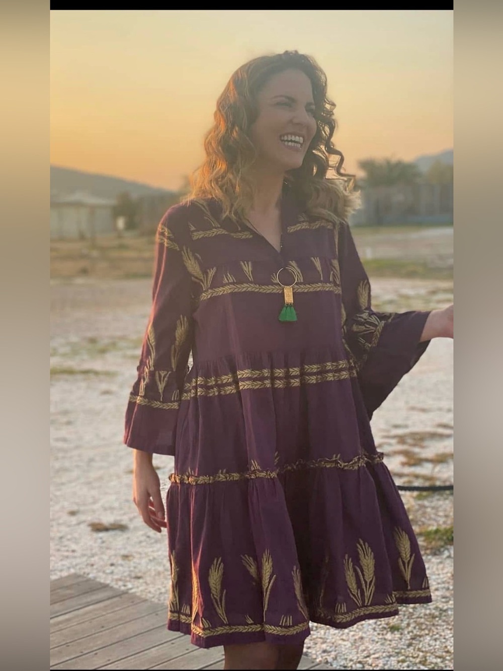Haris Cotton Purple Tiered Gold Embroidered Wheat Midi Boho Chic Dress Size S